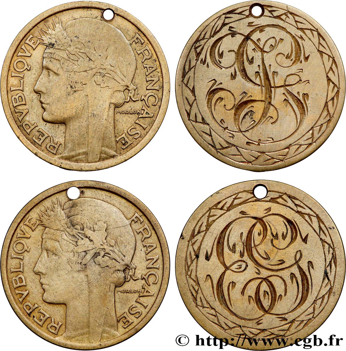 III REPUBLIC Lot de 2 francs Morlon transformés en médaille de mariage XF