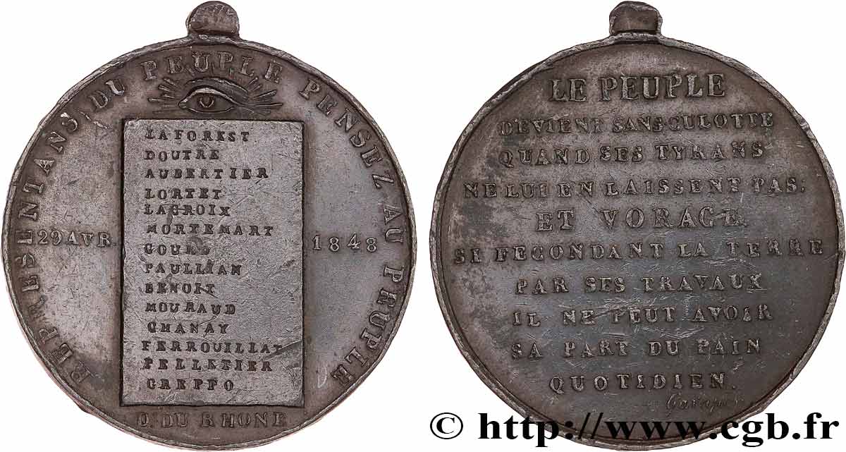 DEUXIÈME RÉPUBLIQUE Médaille, Appel du peuple aux représentants du département du Rhône SS