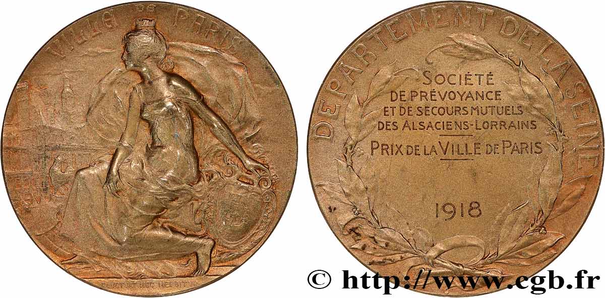 TERZA REPUBBLICA FRANCESE Médaille, ville de Paris, Société de secours mutuels des alsaciens-lorrains SPL