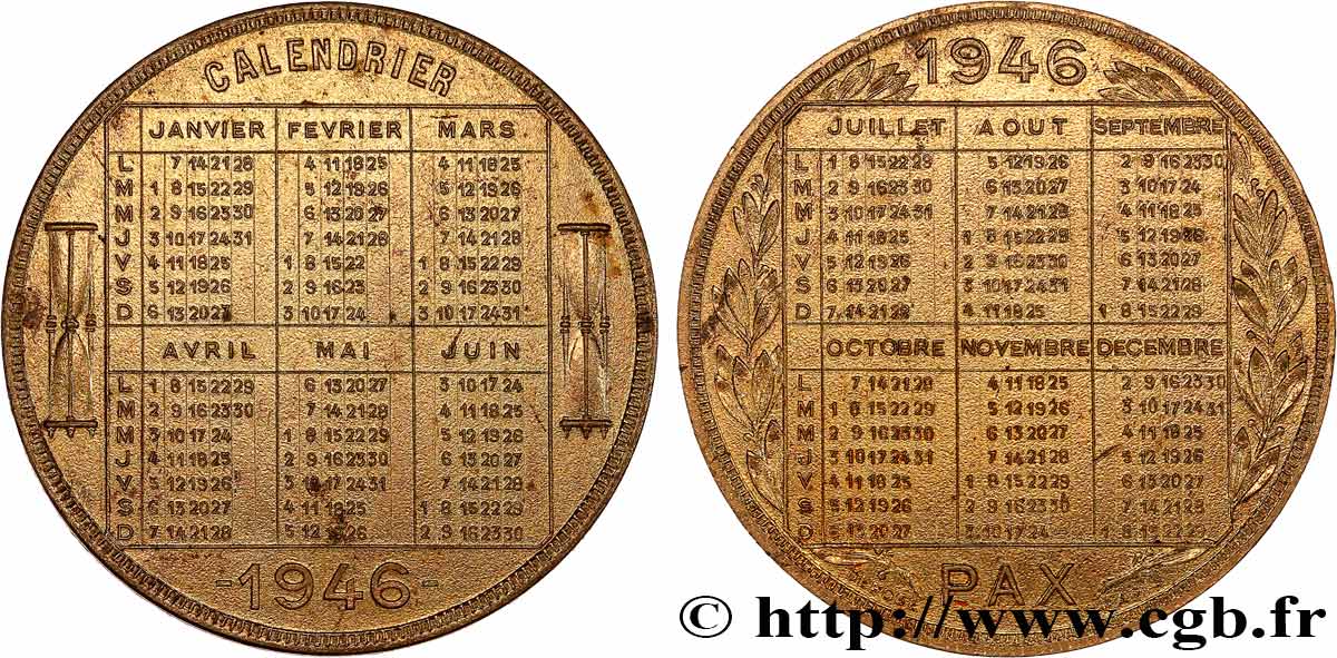 QUARTA REPUBBLICA FRANCESE Médaille calendrier, Pax SPL