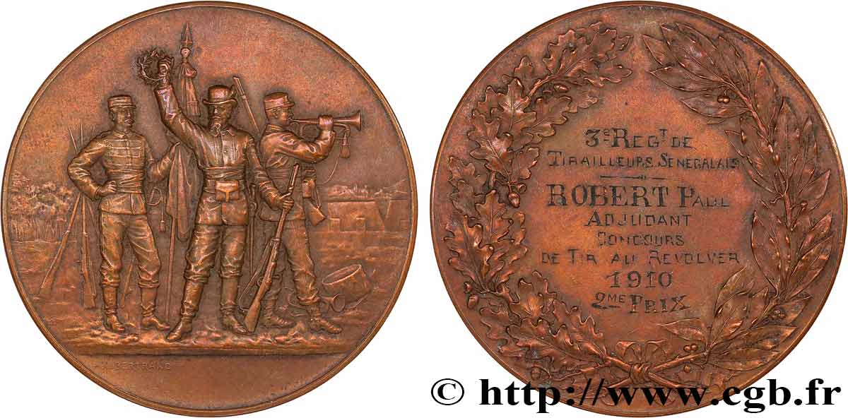 TROISIÈME RÉPUBLIQUE Médaille, 2e prix, Concours de tir au revolver, 3e régiment de tirailleurs sénégalais TTB+