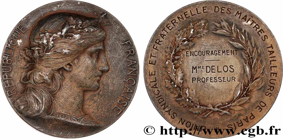 TROISIÈME RÉPUBLIQUE Médaille d’encouragement, Union syndicale et fraternelle des maîtres tailleurs TTB+