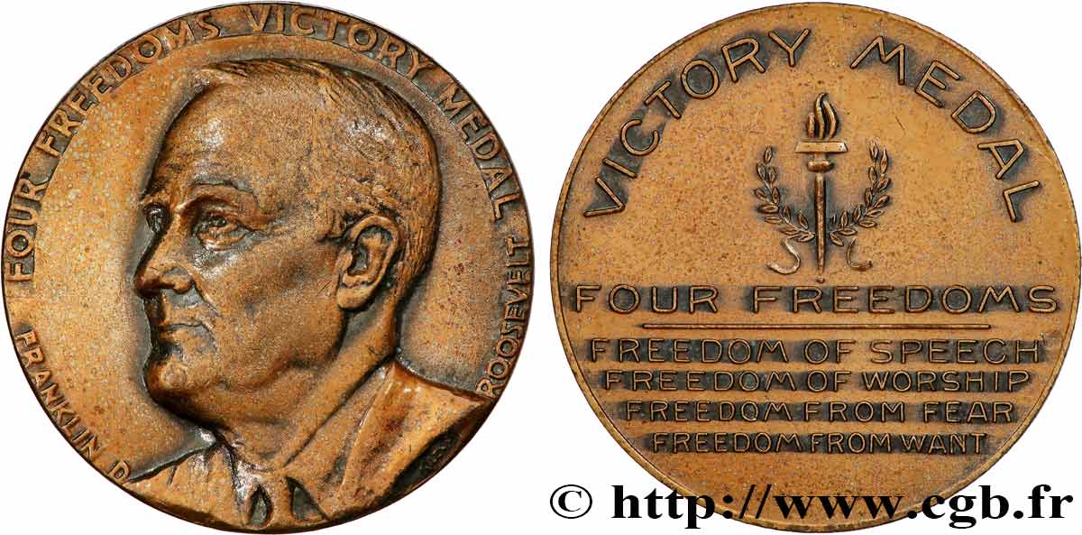 ÉTATS-UNIS D AMÉRIQUE Médaille, Franklin Roosevelt, Four freedoms Victory TTB+