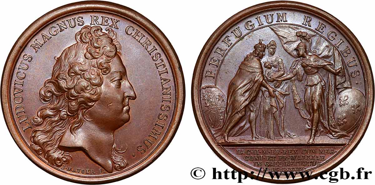 LOUIS XIV LE GRAND OU LE ROI SOLEIL Médaille, Le roi d’Angleterre Jacques II réfugié en France SUP