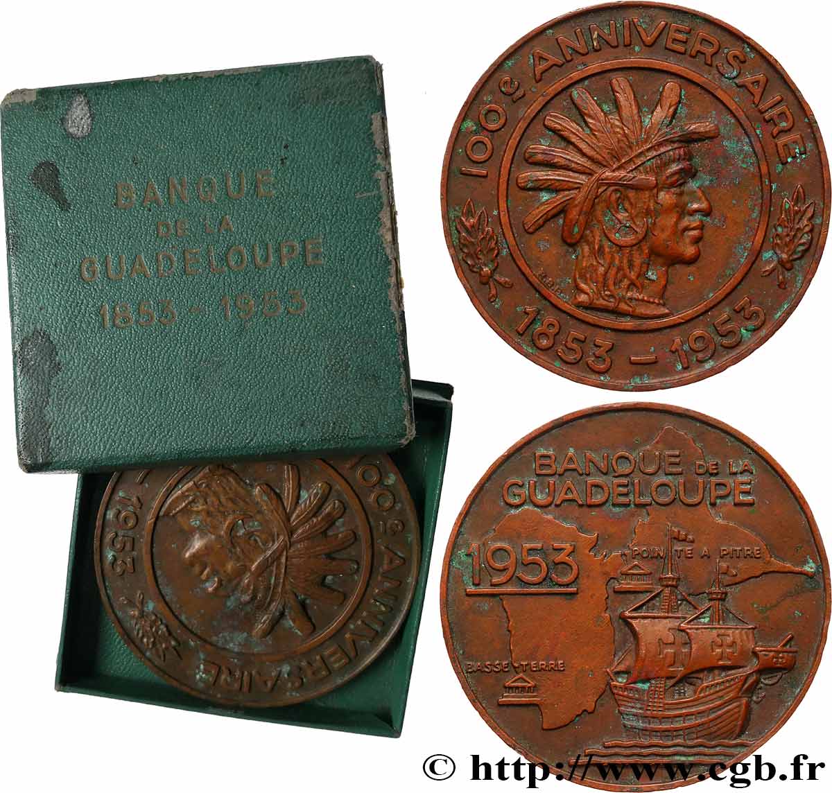 QUATRIÈME RÉPUBLIQUE Médaille, Centenaire de la Banque de la Guadeloupe TTB