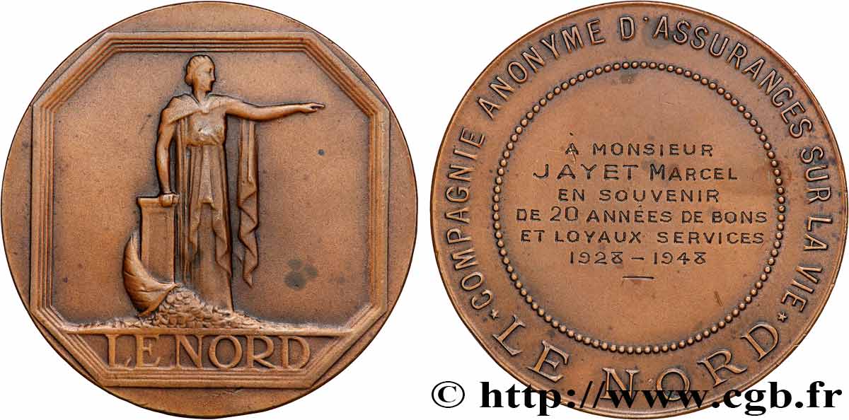ASSURANCES Médaille, Le Nord, 20 années de bons et loyaux services AU