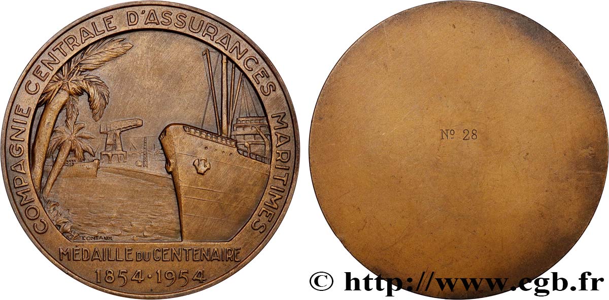 QUATRIÈME RÉPUBLIQUE Médaille, Centenaire de la Compagnie centrale d’assurances maritimes TTB+