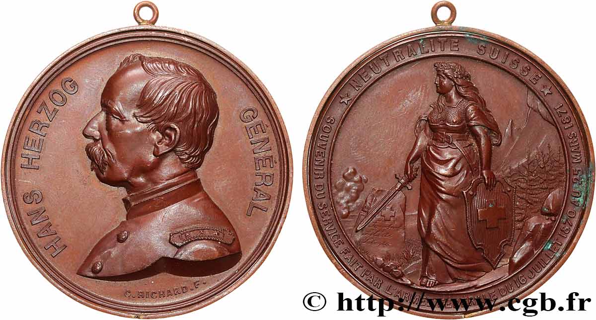 SUIZA Médaille, Général Hans Herzog, Neutralité franco-suisse EBC