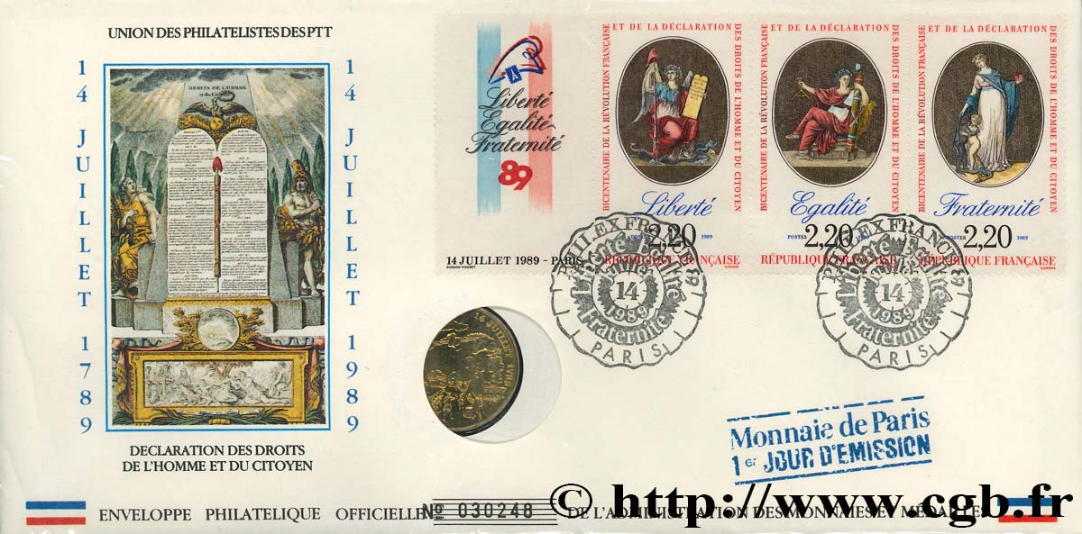 V REPUBLIC Enveloppe “Timbre médaille”, Bicentenaire de la Révolution Française MS