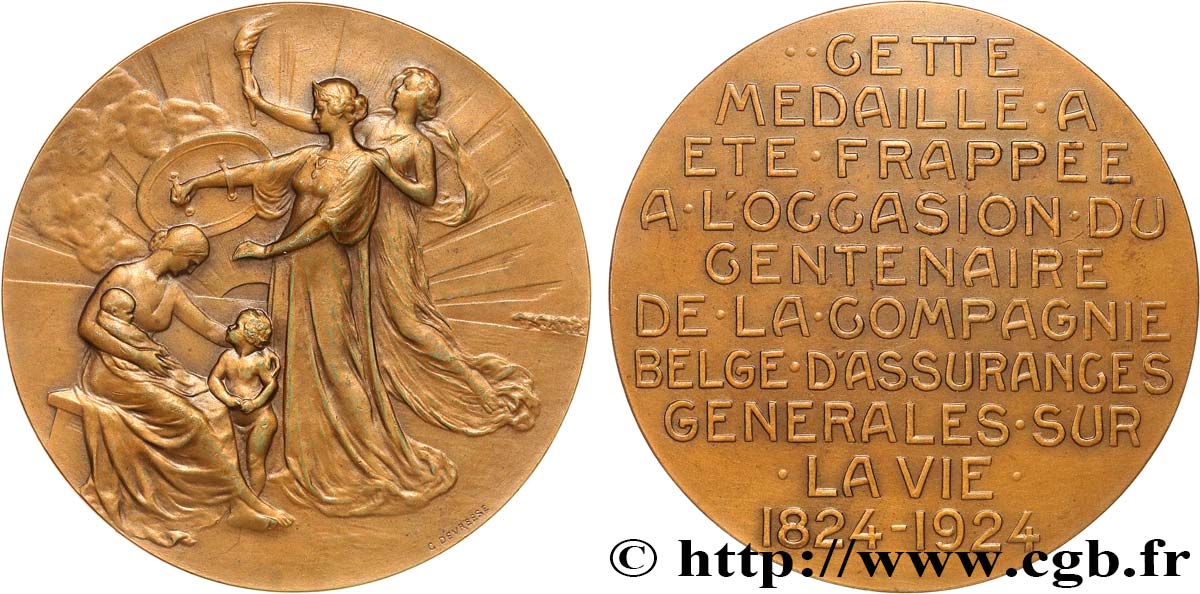 INSURANCES Médaille, Centenaire de la Compagnie belge d’assurances générales sur la Vie AU