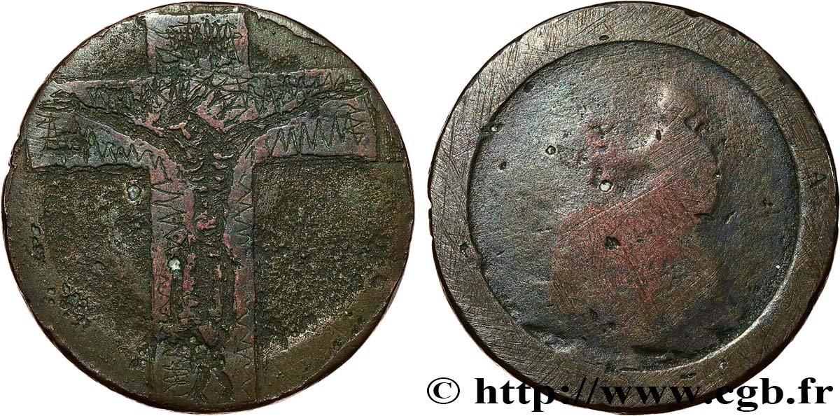 MÉDAILLES RELIGIEUSES Médaille, Christ crucifié, gravé sur un penny anglais TTB
