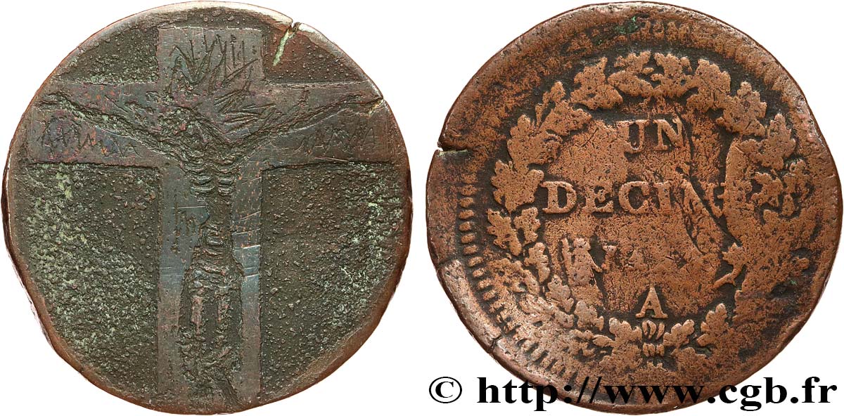MÉDAILLES RELIGIEUSES Médaille, Christ crucifié, gravé sur Un Décime de Paris TTB