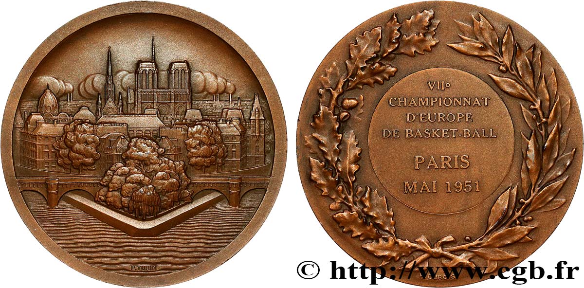 TERCERA REPUBLICA FRANCESA Médaille, Paris et l’île de la Cité par Pierre Turin, VIIe Chmpionnat d’Europe de Basket-ball EBC