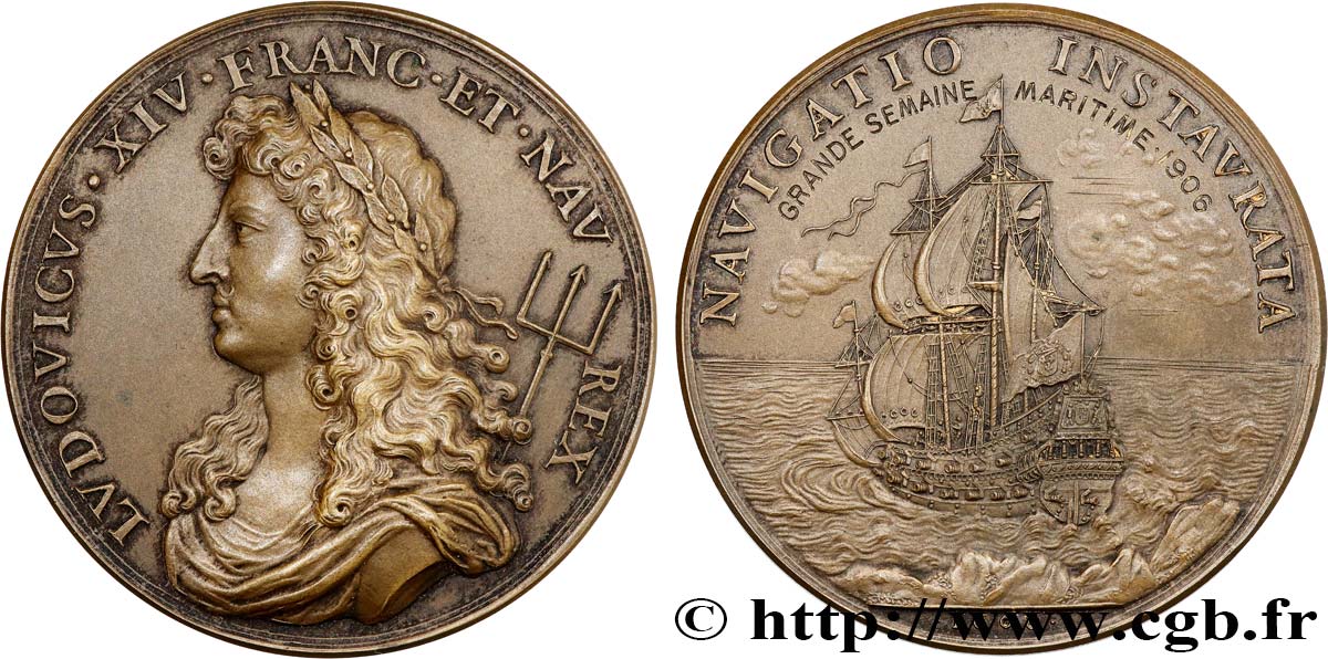 LOUIS XIV LE GRAND OU LE ROI SOLEIL Médaille, Rétablissement de la navigation, refrappe, Grande semaine maritime SUP
