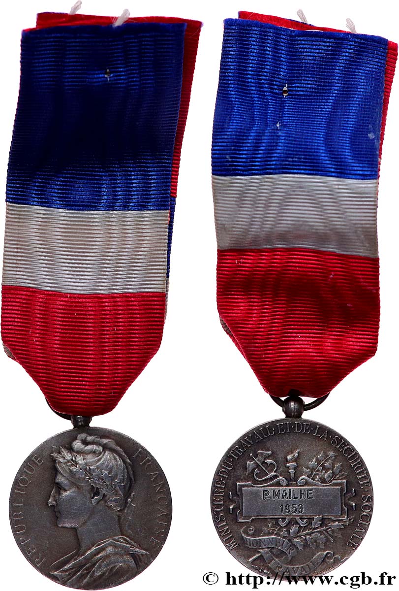QUATRIÈME RÉPUBLIQUE Médaille d’honneur du Travail, Ministère du Travail et de la Sécurité Sociale, Argent TTB