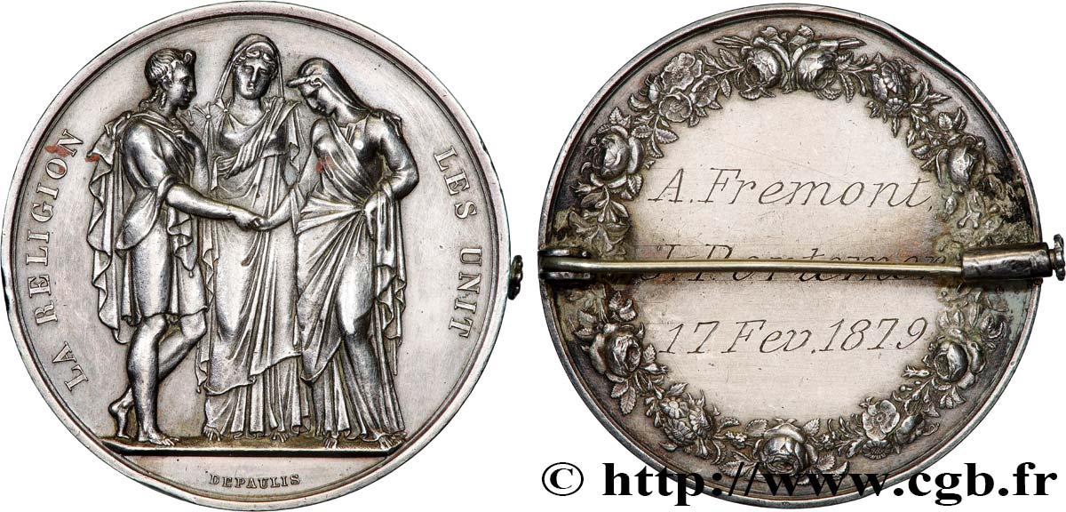 AMOUR ET MARIAGE Médaille de mariage, La Religion les unit, transformée en broche TTB+/TTB