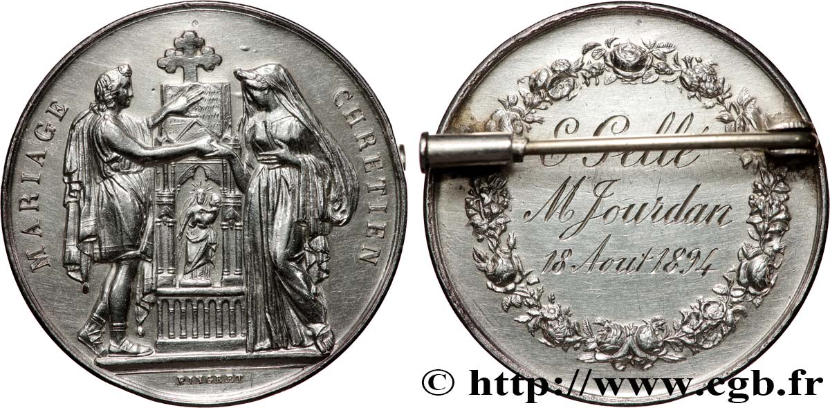 AMOUR ET MARIAGE Médaille, Mariage chrétien, transformée en broche TTB+/TTB