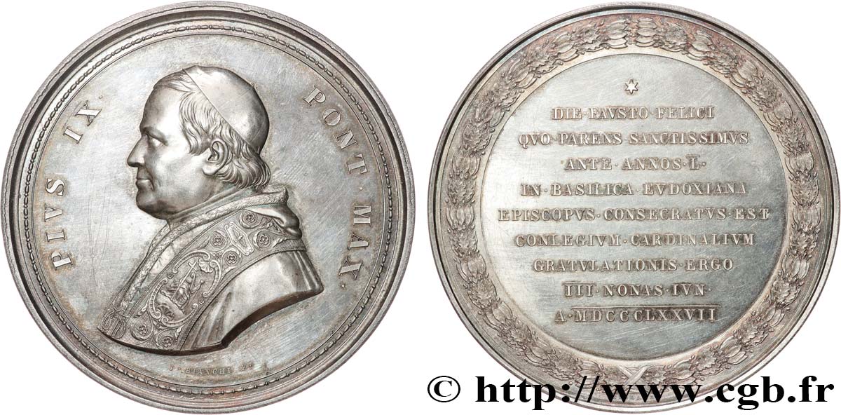 ITALIA - ESTADOS PONTIFICOS - PIE IX (Giovanni Maria Mastai Ferrettii) Médaille, Jubilé épiscopal, Hommage du Sacré Collège des Cardinaux EBC