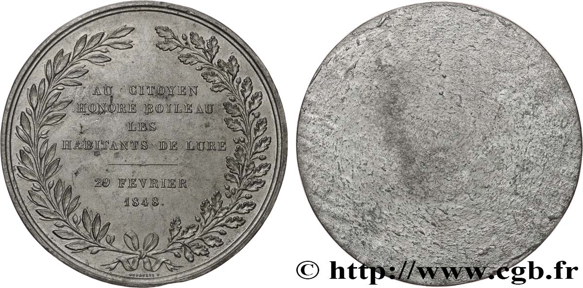 DEUXIÈME RÉPUBLIQUE Médaille, Au citoyen Honoré Boileau, tirage uniface TTB+