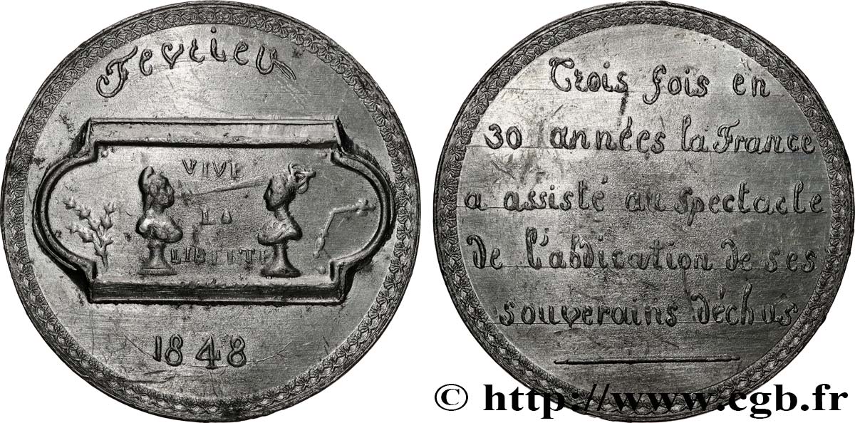 DEUXIÈME RÉPUBLIQUE Médaille, Abdication de Louis-Philippe, Vive la Liberté XF