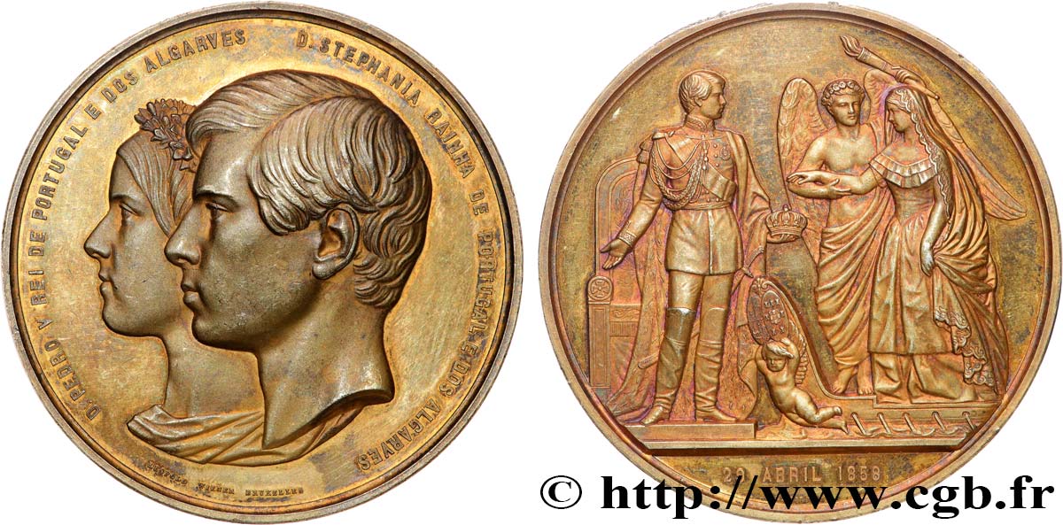 PORTUGAL - ROYAUME DU PORTUGAL - PIERRE V Médaille, Mariage du roi Pedro V du Portugal et Stéphanie de Hohenzollern-Sigmaringen AU