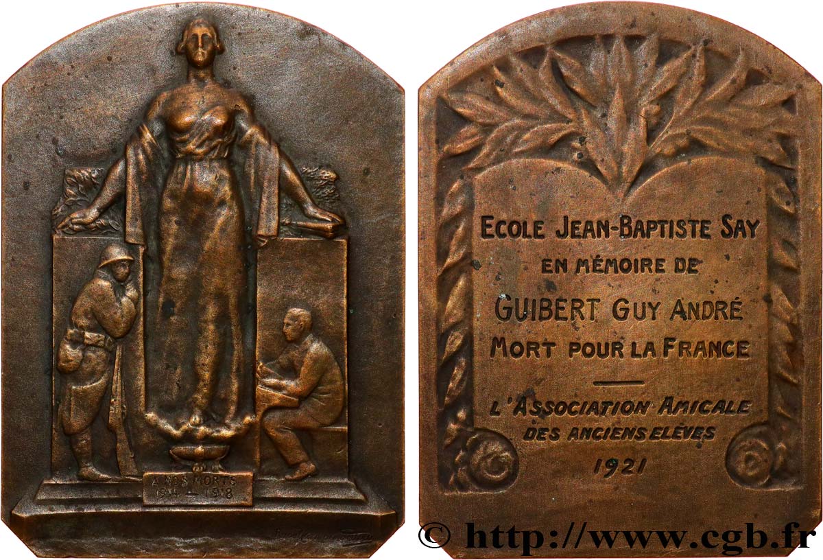 TERZA REPUBBLICA FRANCESE Plaquette, A nos morts, Association amicale des anciens élèves de l’école Jean-Baptiste Say BB