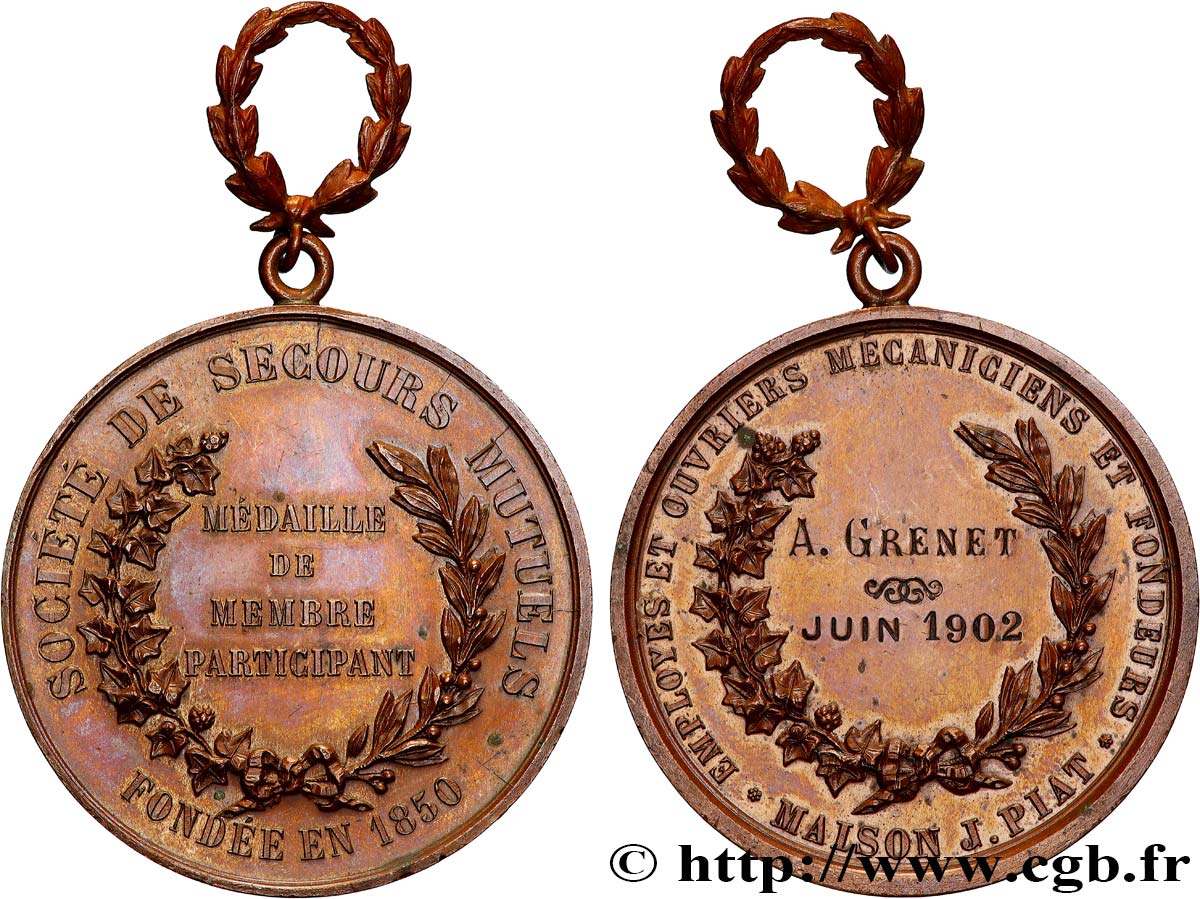 INSURANCES Médaille, Société de secours mutuels des employés et ouvriers mécaniciens et fondeurs AU