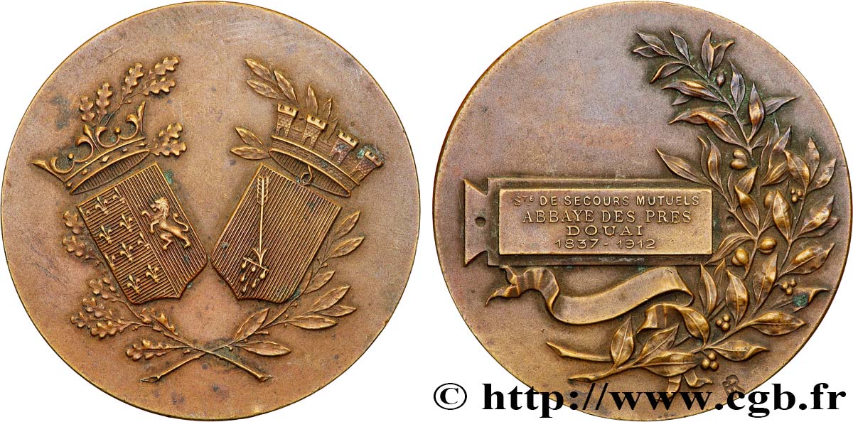 LES ASSURANCES Médaille, 75e anniversaire de la Société de secours mutuels, Abbaye des prés MBC+