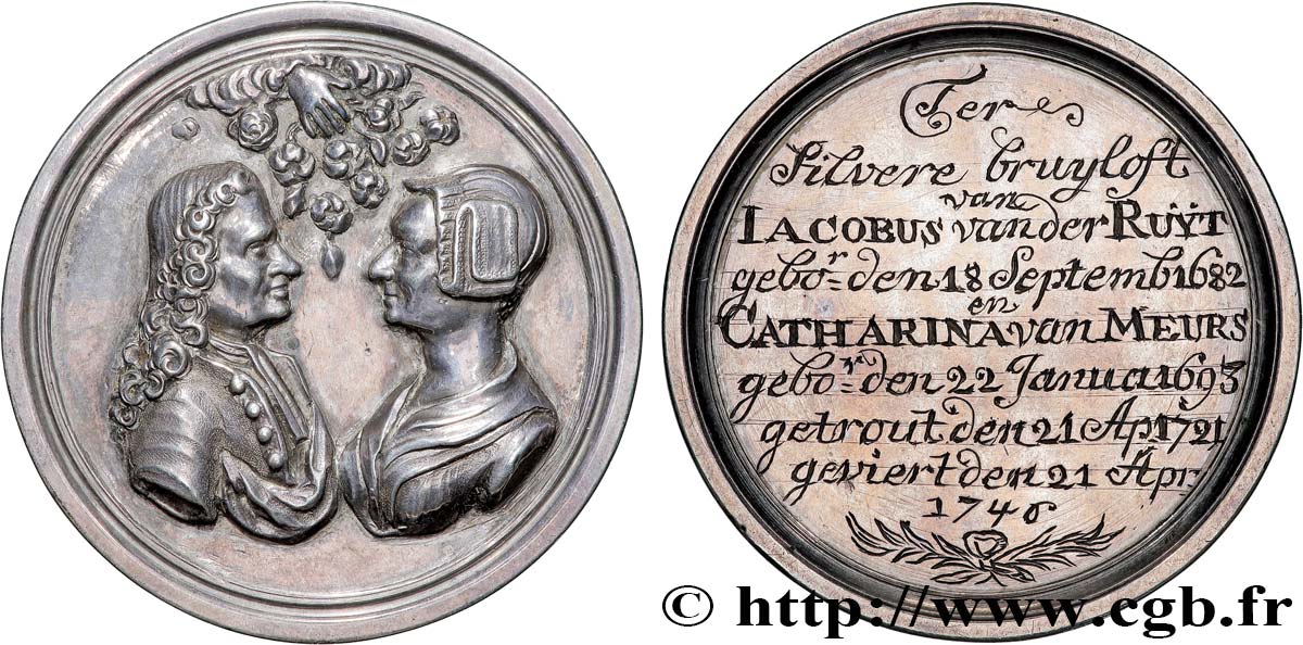 PAíSES BAJOS - PROVINCIAS UNIDAS - HOLANDA Médaille, Noces d’argent de Jacobus van der Ruyt et Catharina van Meurs MBC+
