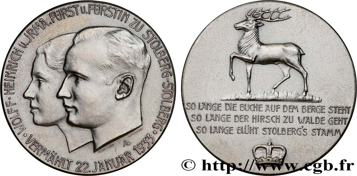 AMOUR ET MARIAGE Médaille, Mariage du Prince et Comte de Stolberg Heinrich Wolff avec Irma Erfert von Neuwied SUP