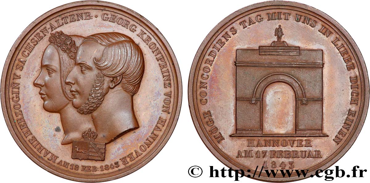 ALLEMAGNE - ROYAUME DE HANOVRE - GEORGES V Médaille, Mariage du futur roi George V de Hanovre et Marie-Alexandrine de Saxe Altenbourg SUP