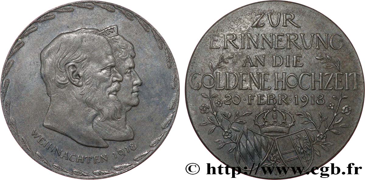 ALLEMAGNE - ROYAUME DE BAVIÈRE - LOUIS III Médaille, Noces d’or du Roi Louis III de Bavière  et de Marie Thérèse de Modène MBC+