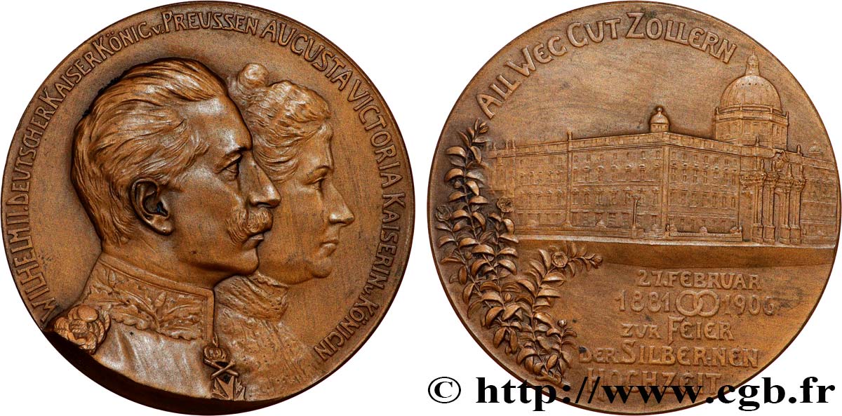 GERMANY - KINGDOM OF PRUSSIA - WILLIAM II Médaille, Noces d’argent de Guillaume II et Augusta-Victoria née Schleswig-Holstein-Sonderburg-Augustenbourg AU