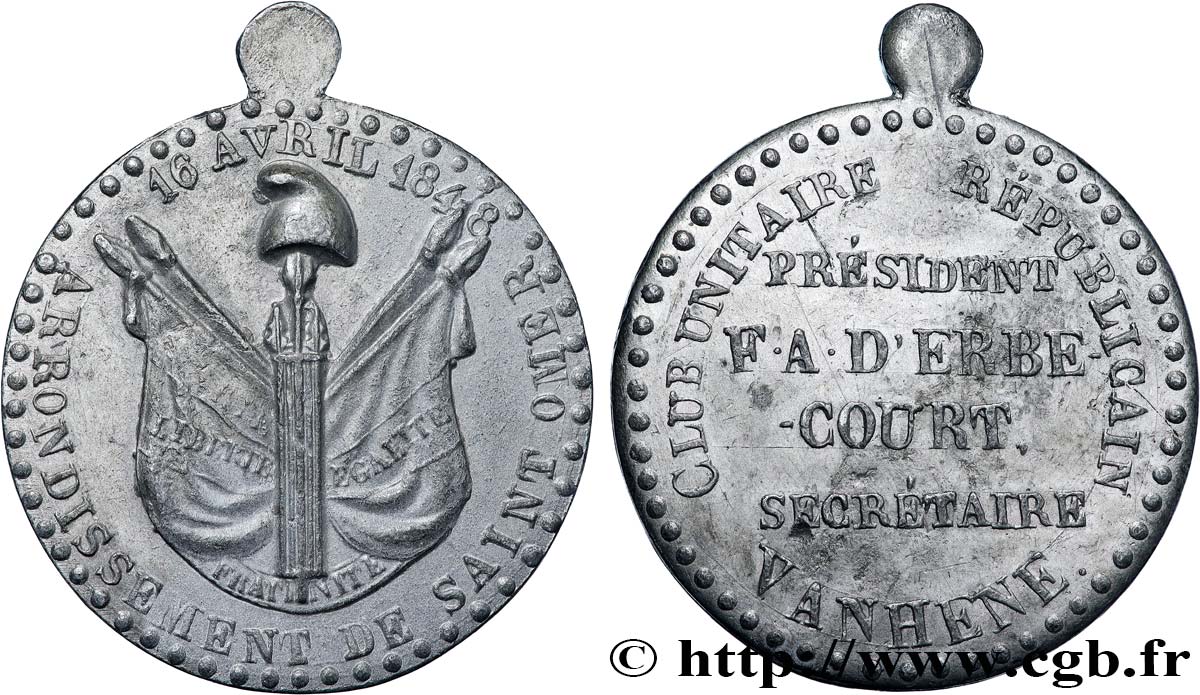 DEUXIÈME RÉPUBLIQUE Médaille, Club unitaire républicain de Saint-Omer SS