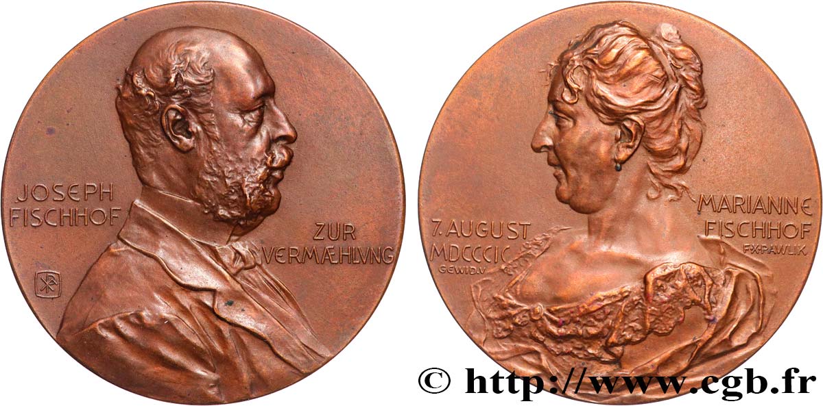 AUTRICHE Médaille, Mariage de Joseph Fischhof et Marianne SUP