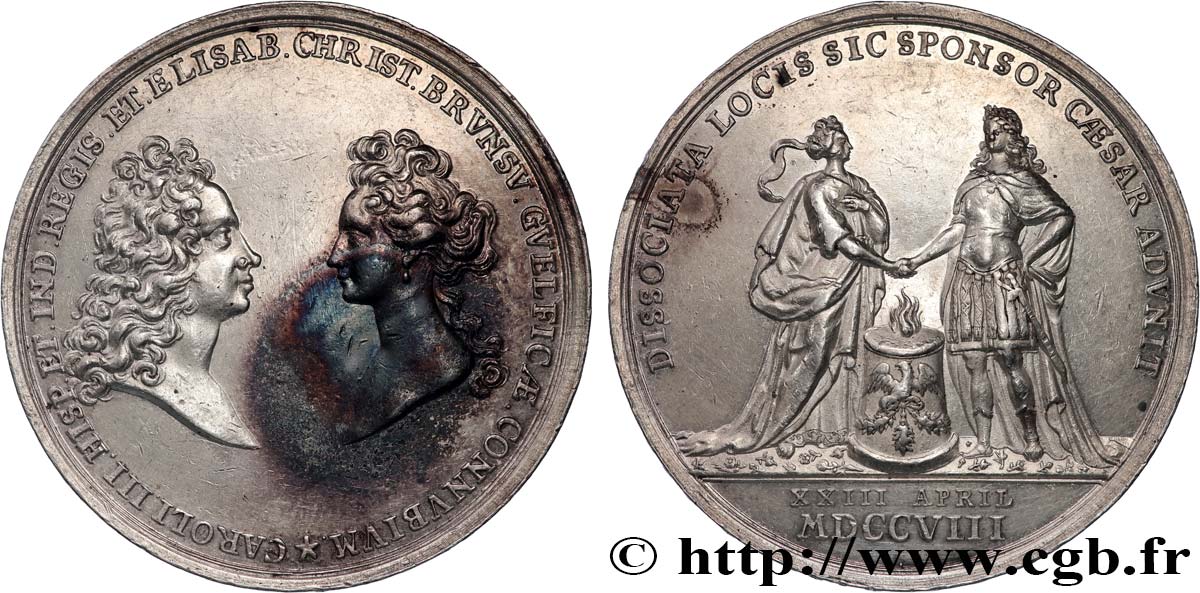 SAINT-EMPIRE ROMAIN GERMANIQUE - CHARLES VI Médaille, Mariage de Charles III Roi d’Espagne et Elisabeth Christine de Brunswick-Wolfenbûttel XF