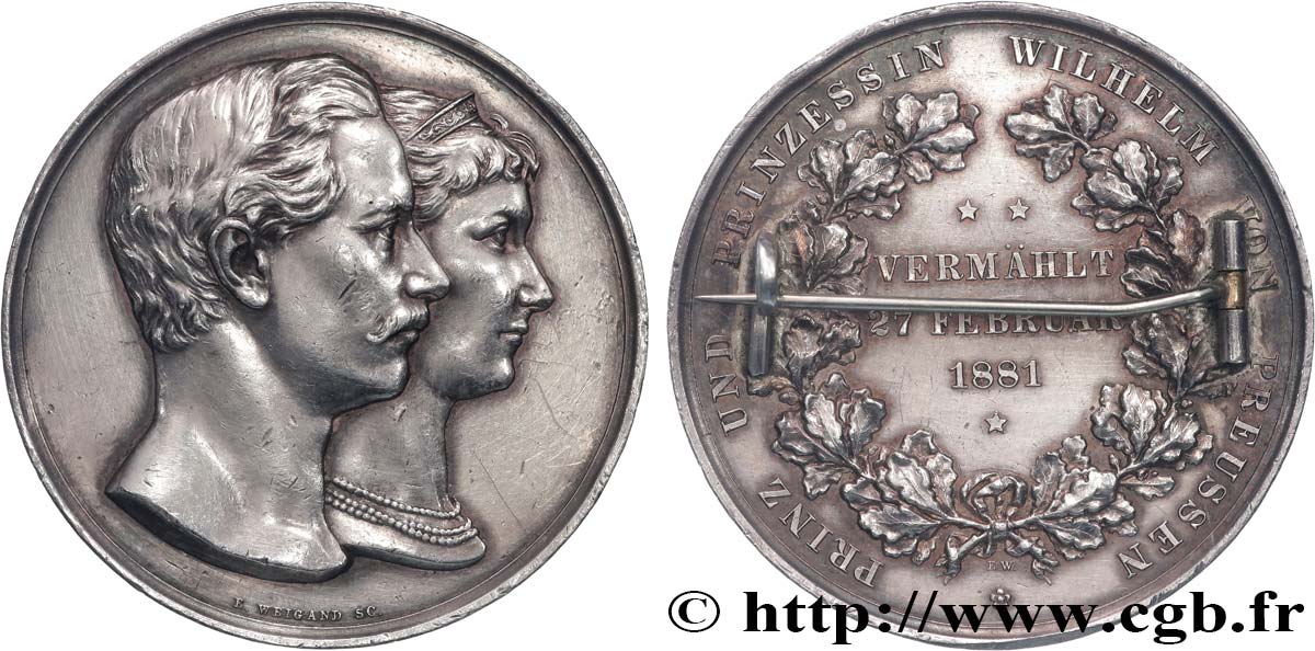 AMOUR ET MARIAGE Médaille, Mariage de Guillaume II, dernier empereur du IIe Reich, et Augusta Victoria de Schleswig-Holstein-Sonderburg-Augustenburg fVZ/SS