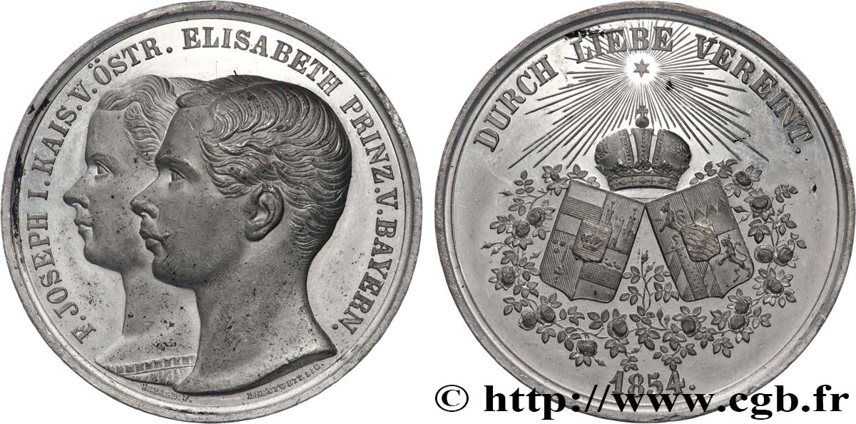 AUTRICHE - FRANÇOIS-JOSEPH Ier Médaille, Mariage de l’Empereur François Joseph et d’Elisabeth Amélie Eugénie de Wittelbach, duchesse de Bavière TTB+