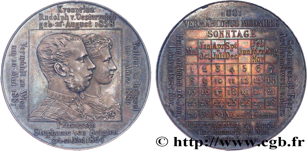 AUSTRIA - FRANZ-JOSEPH I Médaille, Calendrier, Mariage de l’Archiduc Rodolphe d’Autriche avec Stéphanie de Belgique AU