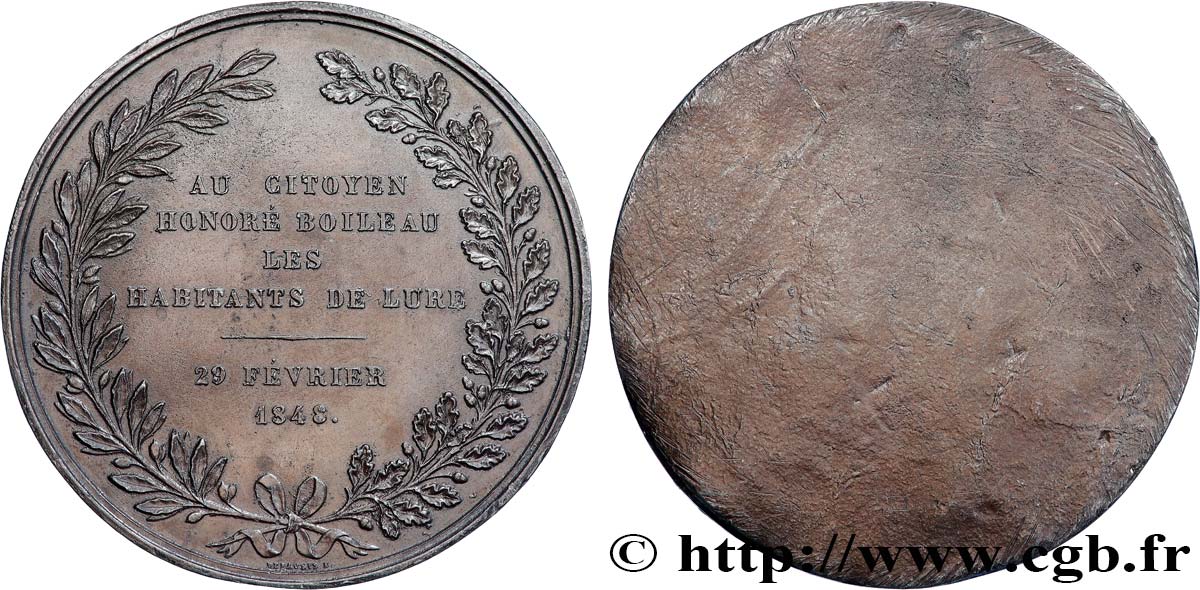 DEUXIÈME RÉPUBLIQUE Médaille, Au citoyen Honoré Boileau, tirage uniface TTB+