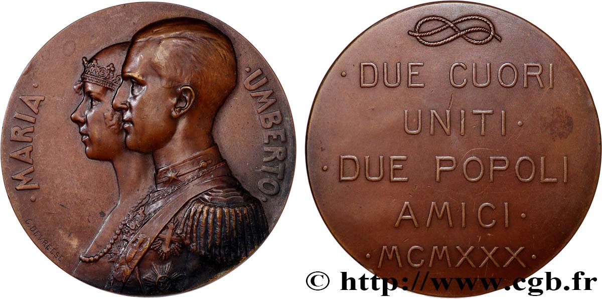 ITALIA - REINO DE ITALIA - VÍCTOR-MANUEL III Médaille, Mariage d’Humbert de Savoie et de Marie-José de Belgique MBC+