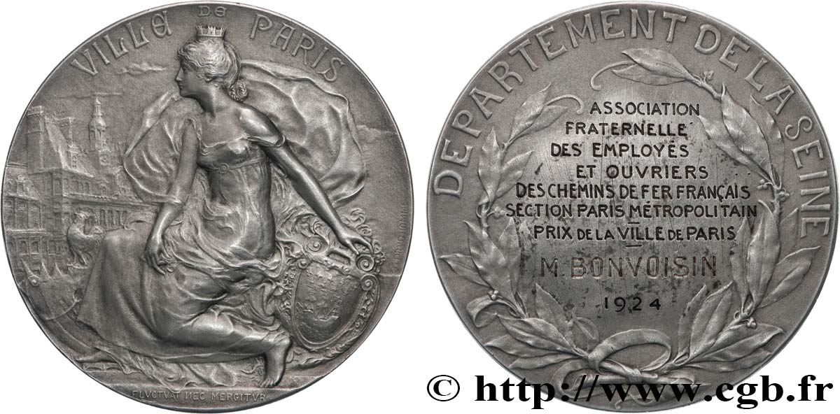 TROISIÈME RÉPUBLIQUE Médaille, ville de Paris, Association fraternelle des employés et ouvriers des chemins de fer TTB