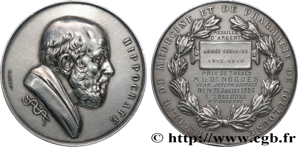 MEDICINE - MEDICAL SOCIETIES - DOCTORS Médaille d’Hippocrate, Faculté de médecine et de pharmacie de Toulouse, Thèse XF