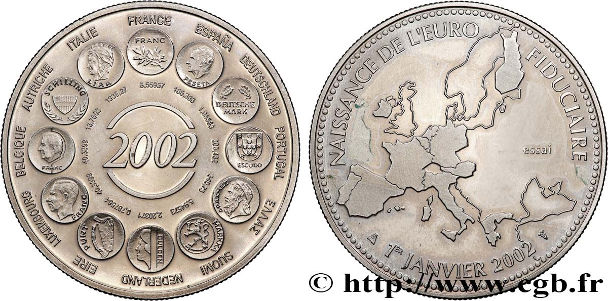 CINQUIÈME RÉPUBLIQUE Médaille, Essai, Naissance de l’Euro fiduciaire SUP