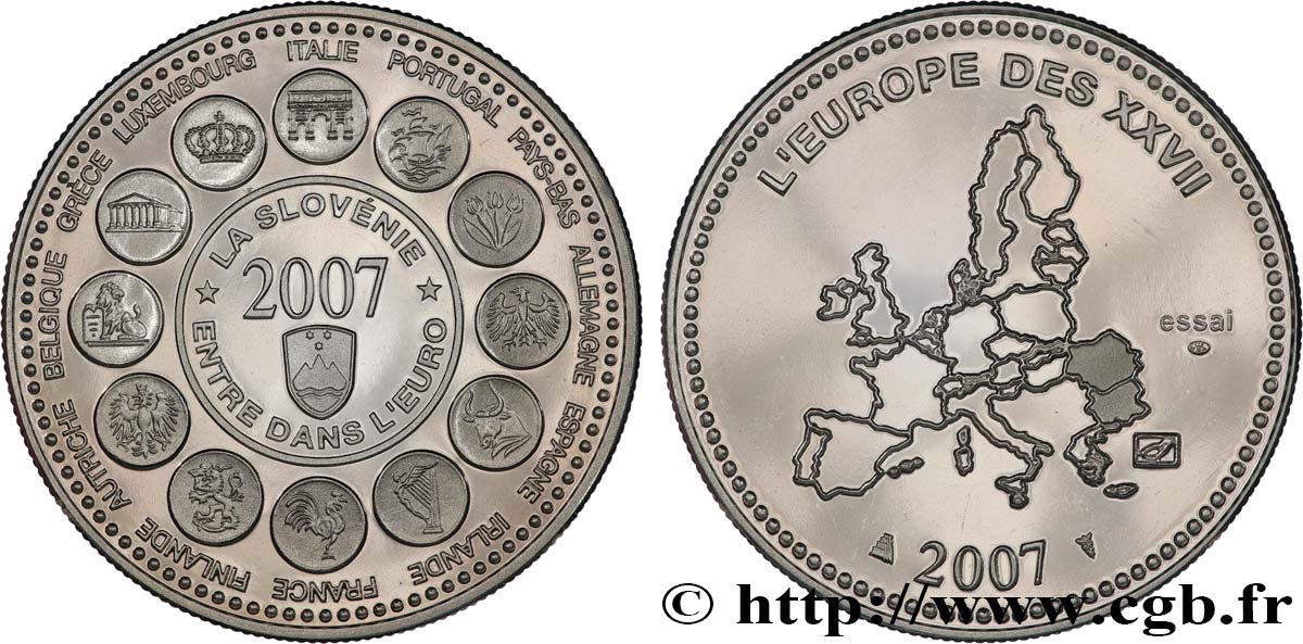 CINQUIÈME RÉPUBLIQUE Médaille, Essai, Entrée de la Slovénie dans l’Euro SUP