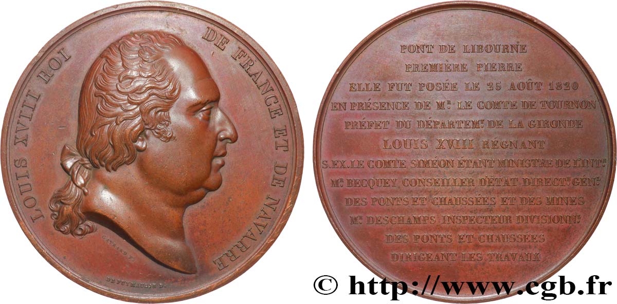 LUIGI XVIII Médaille, Construction du pont de Libourne q.SPL