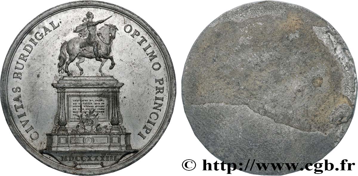 LOUIS XV DIT LE BIEN AIMÉ Médaille, Statue équestre de Louis XV, tirage uniface, épreuve en étain TTB+