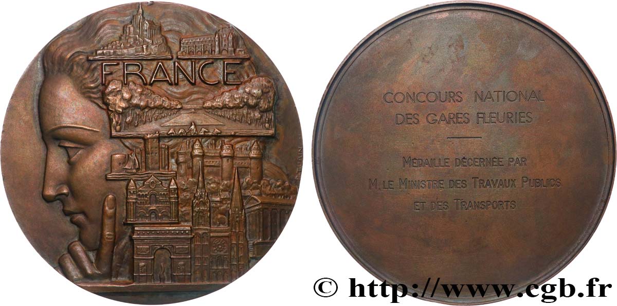 TERZA REPUBBLICA FRANCESE Médaille, France par Pierre Turin, Concours national des gares fleuries q.SPL