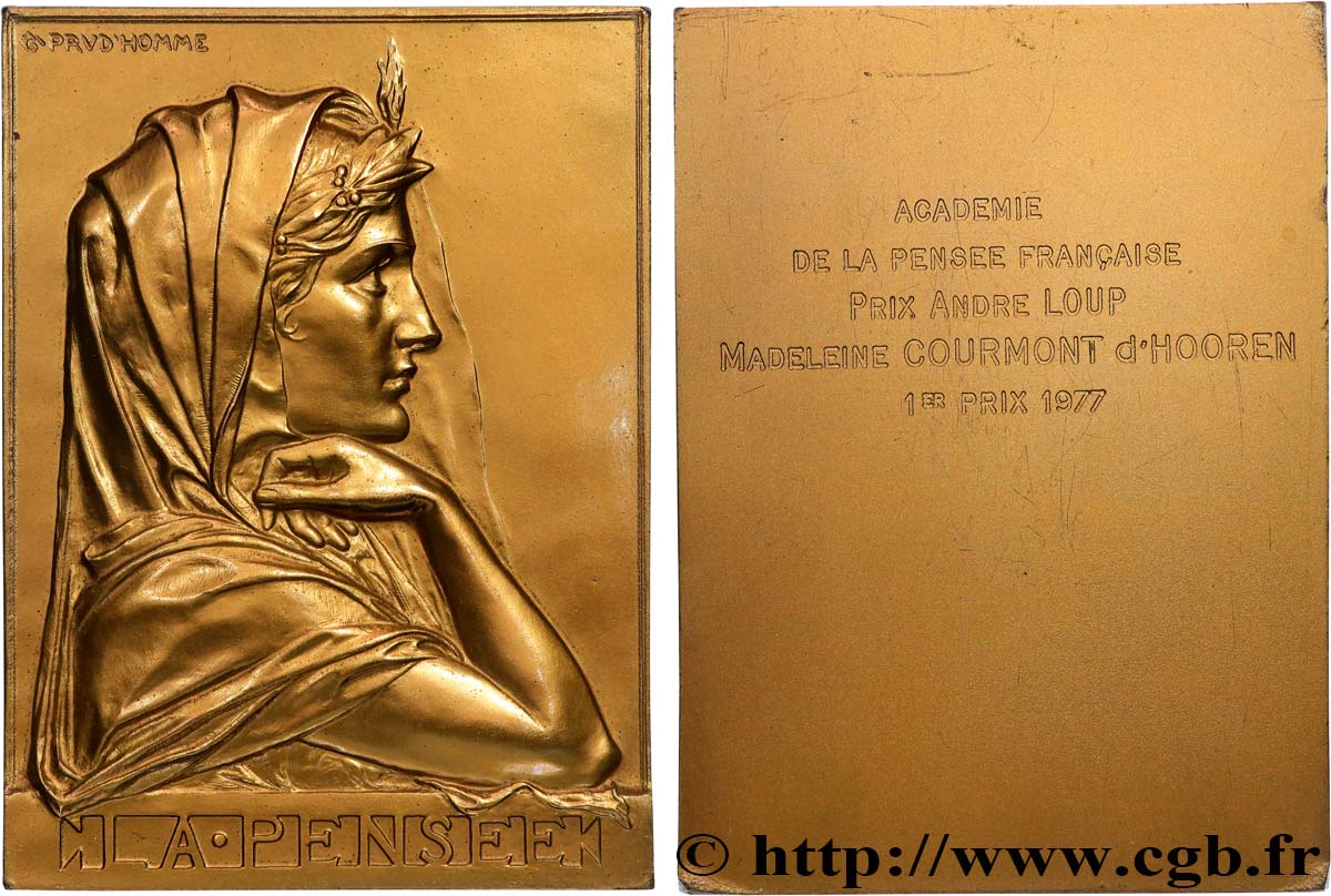 CINQUIÈME RÉPUBLIQUE Plaque, La pensée par Prud’homme, Académie de la pensée française, Prix André Loup SUP/TTB+
