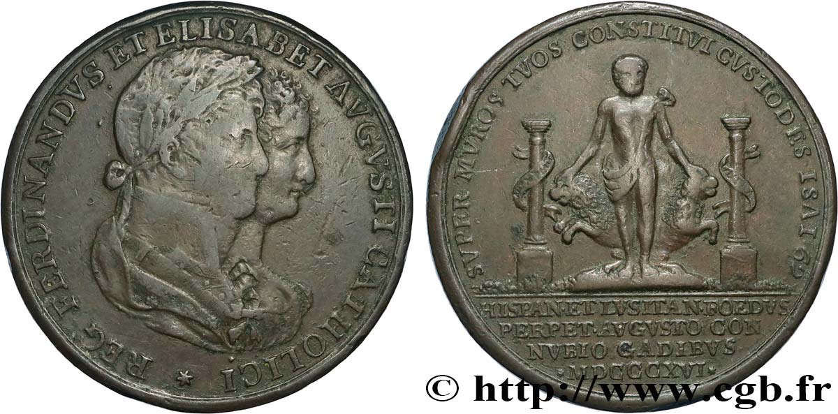 ESPAGNE - ROYAUME D ESPAGNE - FERDINAND VII Médaille, Mariage de Ferdinand VII et Marie Isabelle de Portugal TB+